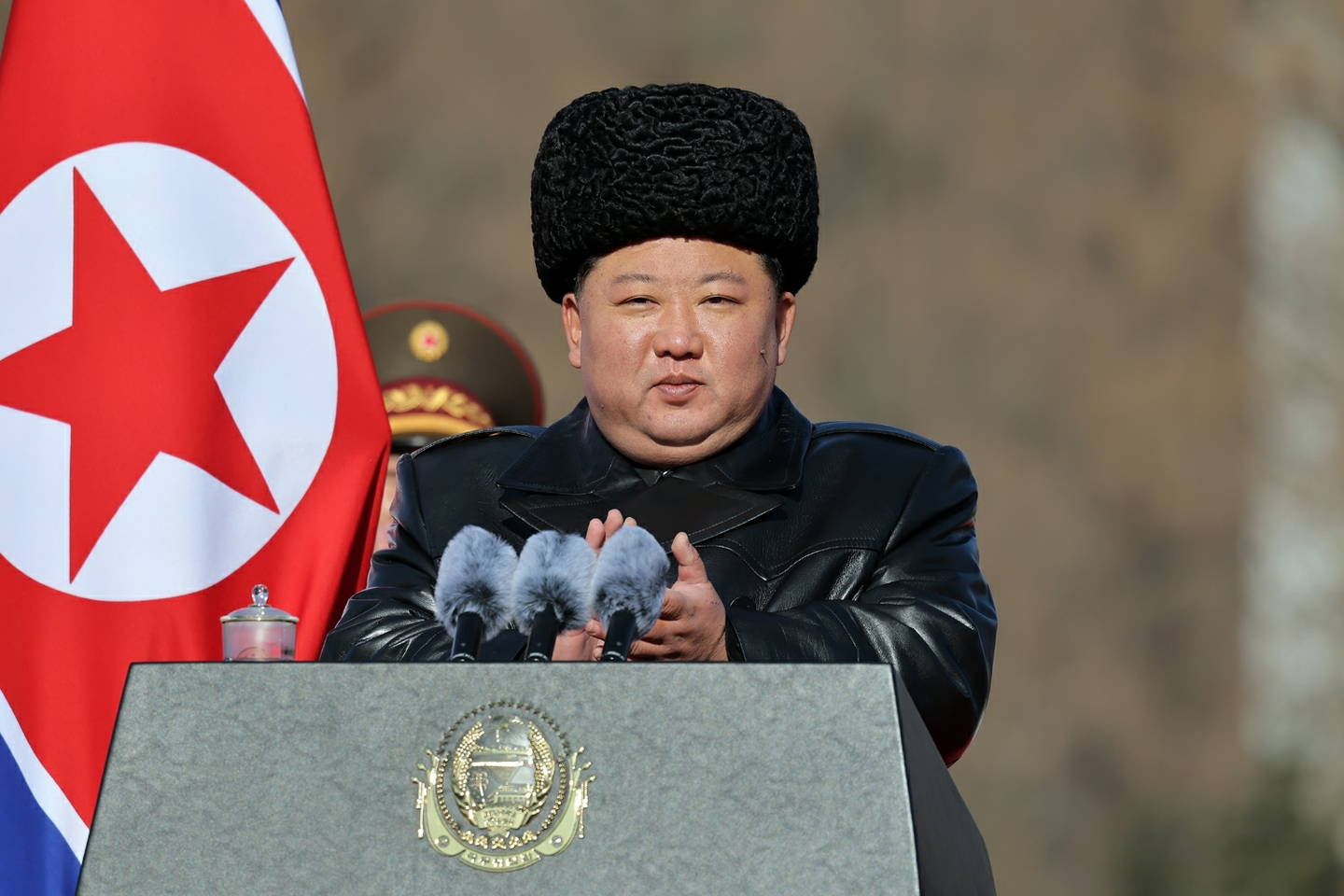 North Korean leader Kim Jong-un speaks during a visit to the Ministry of National Defense on the occasion of the 78th anniversary of the founding of the Korean People’s Army, also known as Army Day, on Feb. 8. [RODONG SINMUN] 