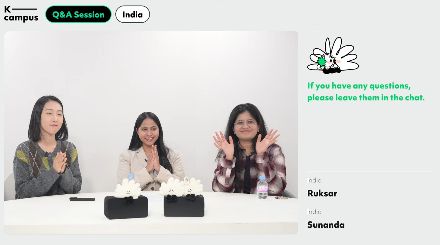 Lee Tae-hee, left, the host of K-campus's webinar, along with Indian speakers Ruksar, center, and Sunanda Sharma, right, wave as the second session of the webinar ends on Feb. 9. [SCREEN CAPTURE]