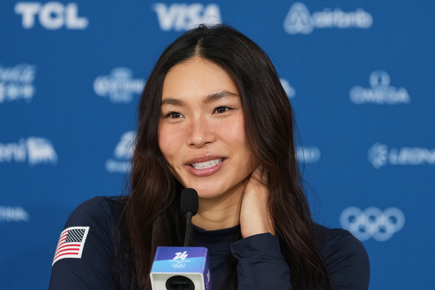 United States' Chloe Kim speaks during a news conference at the 2026 Winter Olympics, in Livigno, Italy, on Feb. 9.  [AP/YONHAP] 