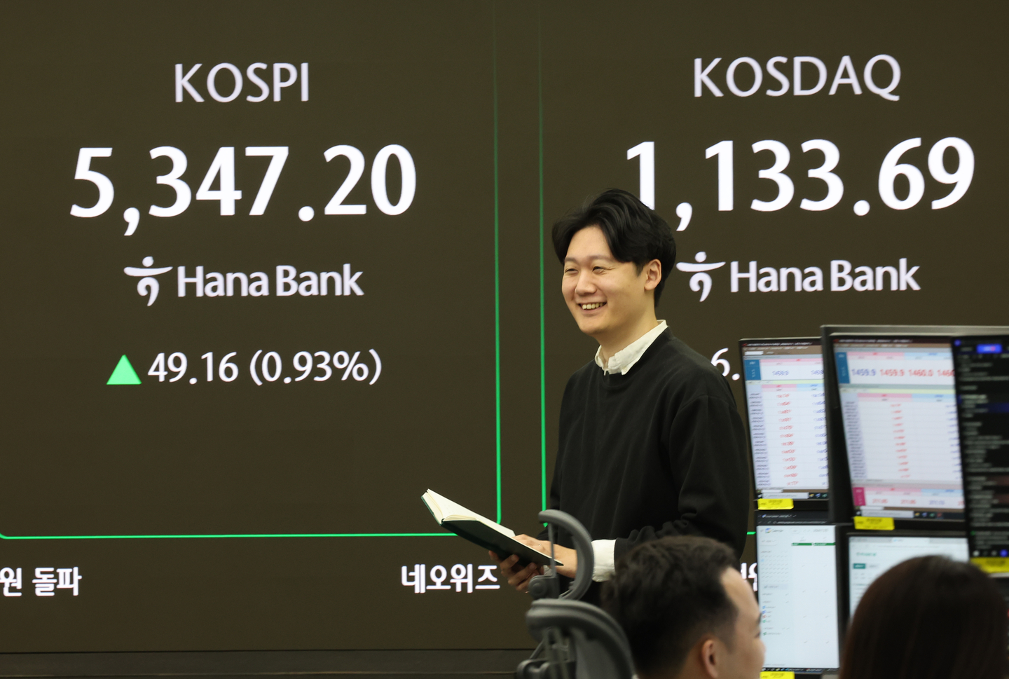 A screen in Hana Bank's trading room in central Seoul shows the Kospi trading in the morning hours on Feb. 10. [YONHAP] 