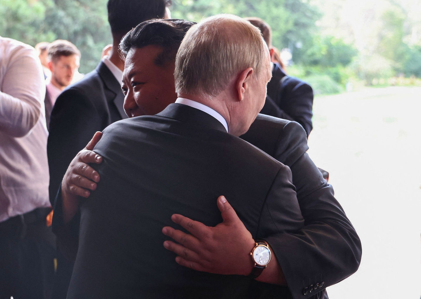 Russian President Vladimir Putin sees North Korean leader Kim Jong-un off following their talks after attending a military parade marking the 80th anniversary of victory over Japan and the end of World War II, in Beijing on September 3, 2025, in this pool photograph distributed by the Russian state agency Sputnik. [AFP/YONHAP]