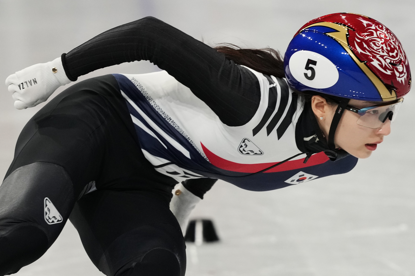Choi Min-jeong competes in the women's 500-meter short track speed skating event at the 2026 Milan-Cortina Winter Olympics in Milan on Feb. 10. [AP/YONHAP] 