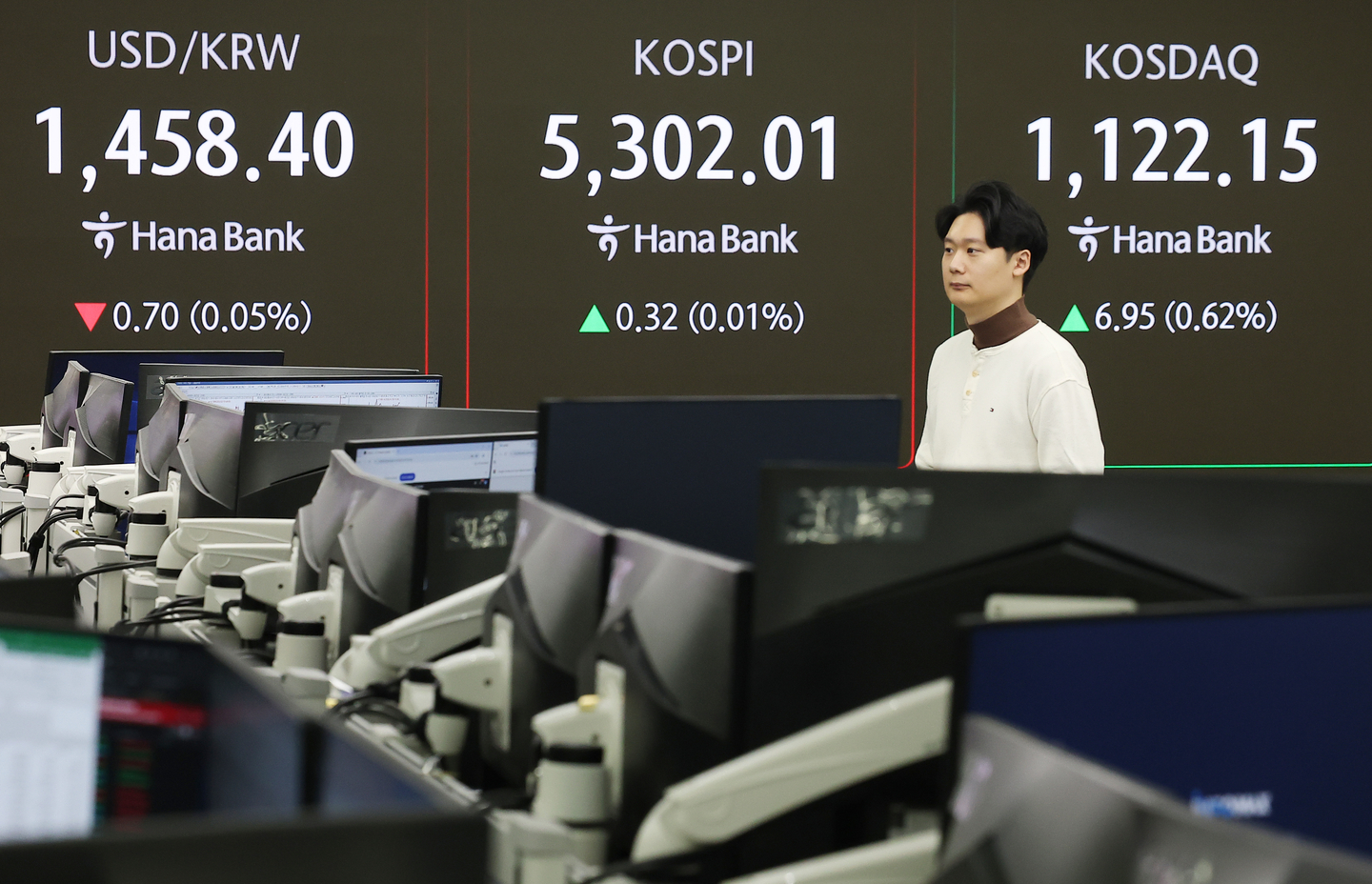 A screen in Hana Bank's trading room in central Seoul shows the Kospi trading in the morning hours on Feb. 11. [YONHAP]