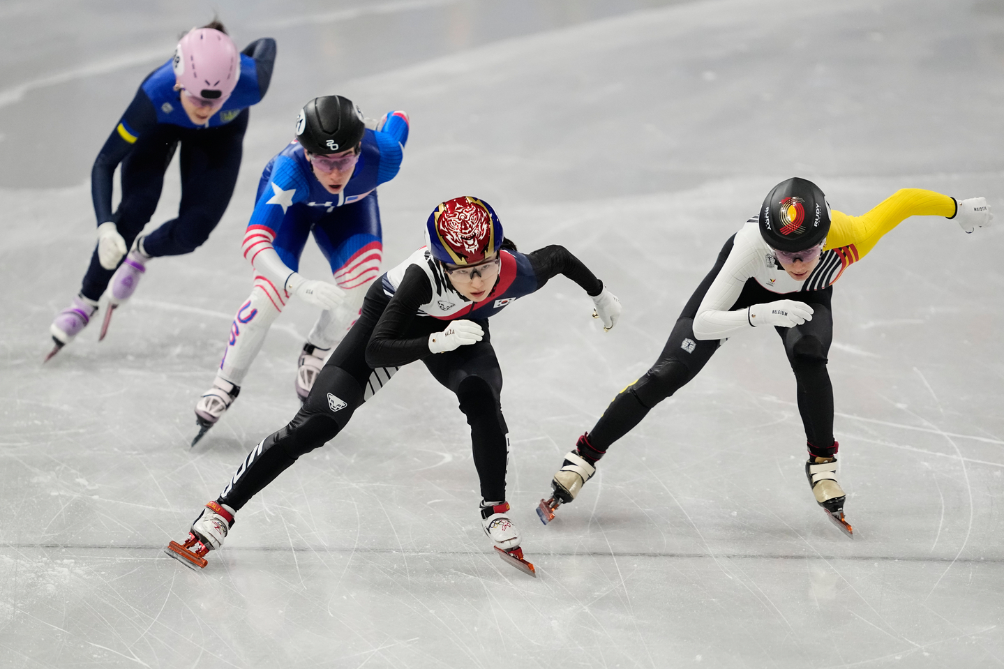 Choi Min-jeong, second from right, competes in the women's 500-meter short track speed skating at the 2026 Milan-Cortina Winter Olympics in Milan on Feb. 10. [AP/YONHAP]