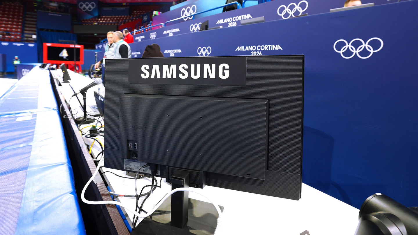 A ViewFinity S8 monitor installed at the Milano Ice Skating Arena in Assago, just south of Milan, is seen in this photo released by Samsung Electronics on Feb. 12.  [YONHAP] 