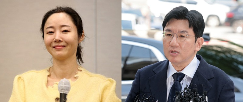 Min Hee-jin, former CEO of ADOR at left, and Bang Si-hyuk, chairman of HYBE [YONHAP]