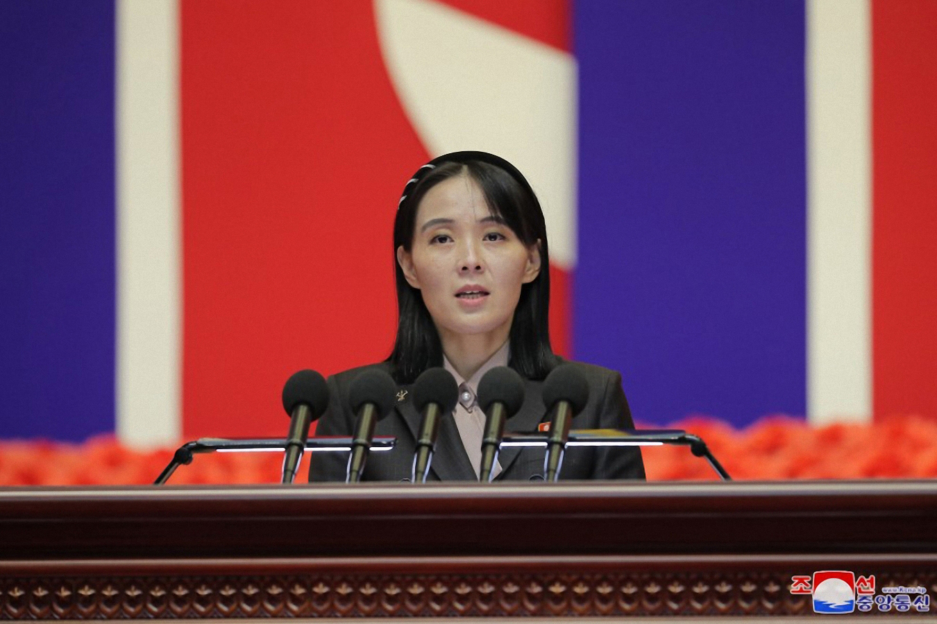 Kim Yo-jong, North Korean leader Kim Jong-un's sister and vice department director of the ruling Workers' Party's Central Committee, speaks during a party meeting on Aug. 11, 2022, according to the Korean Central News Agency. [YONHAP]