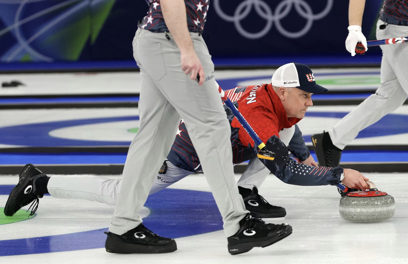 Rich Ruohonen of the United States is shown in action during the curling match against Switzerland in Men's Round Robin Session 2, on Feb. 12. [REUTERS/YONHAP] 