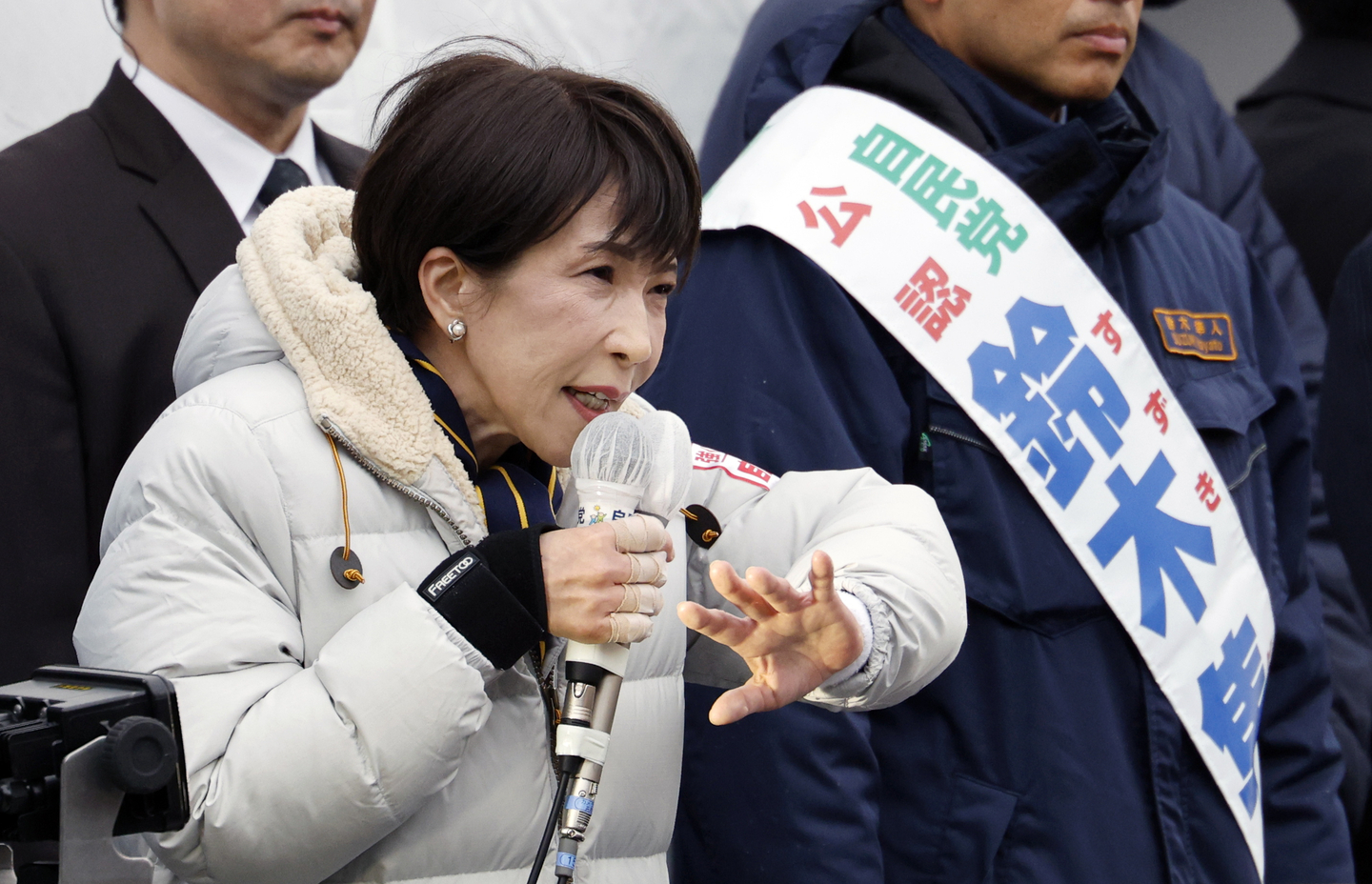 Japanese Prime Minister and leader of the ruling Liberal Democratic Party Sanae Takaichi delivers a speech in support of a local candidate at an election campaign rally in Tokyo on Feb 7. [EPA/YONHAP]