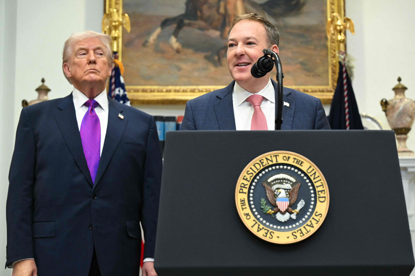 U.S. President Donald Trump listens as the administrator of the Environmental Protection Agency, Lee Zeldin, right, speaks in the Roosevelt Room of the White House in Washington on Feb. 12. [AFP/YONHAP]