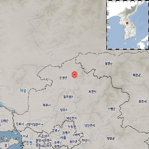 The red dot shows the area where a magnitude 3 earthquake was detected in Yeoncheon, Gyeonggi, on Feb. 15.  [YONHAP] 