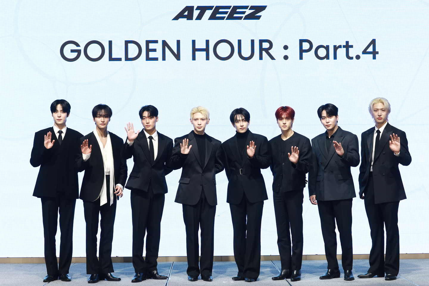 Boy band Ateez poses at a press conference for the release of their 13th mini album "Golden Hour: Part.4" in Seoul on Feb. 5.  [YONHAP] 