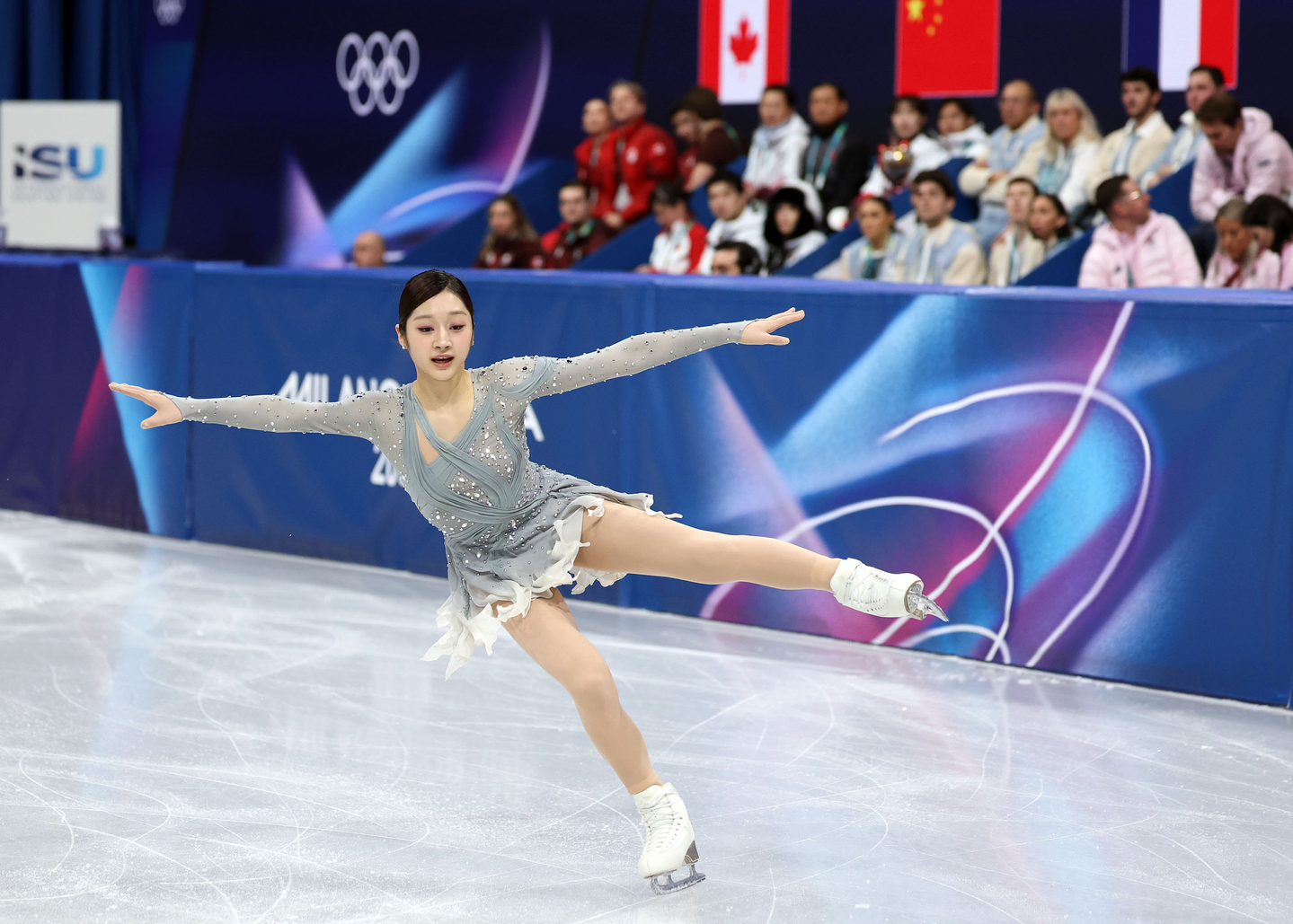 Korean figure skater Shin Ji-a performs her short program in the women's singles of the team event at the Winter Olympics at Milano Ice Skating Arena in Milan on Feb. 6.  [YONHAP] 