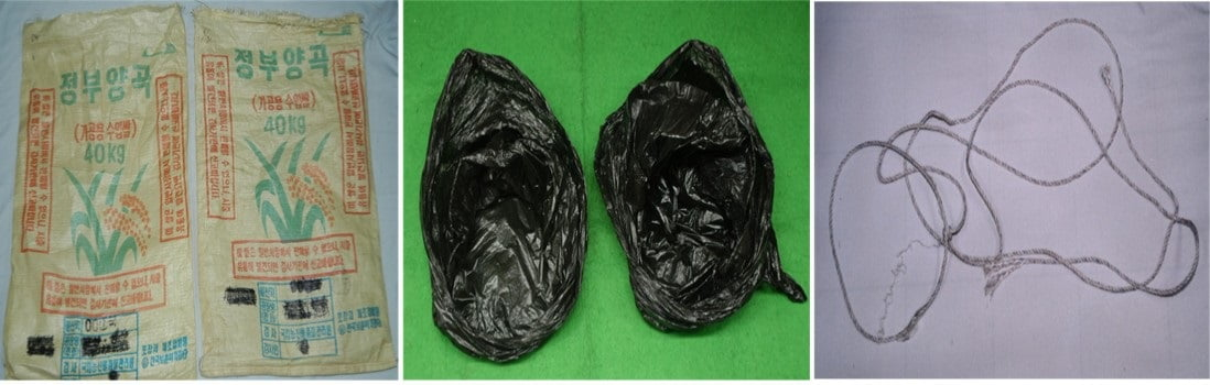 From left: two rice burlap sacks used to cover the victim in her 20s; black plastic bags used to cover the victims' heads; strings that were found on the victims' bodies [SEOUL METROPOLITAN POLICE AGENCY]