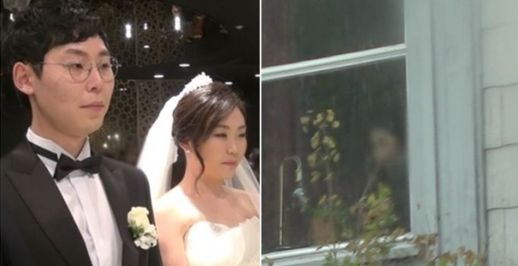 Left: Jeon Min-geun, left, and Choi Sung-hee at their wedding in November 2015. Right: Jeon's former girlfriend as photographed by the Korean investigative program "Unanswered Questions" from outside the window of her home in Norway. [SCREEN CAPTURE]
