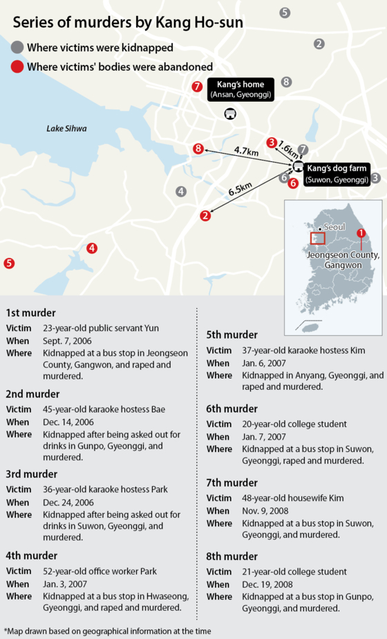 The map shows where Kang Ho-sun kidnapped eight random victims and abandoned their bodies. [YUN YOUNG] 