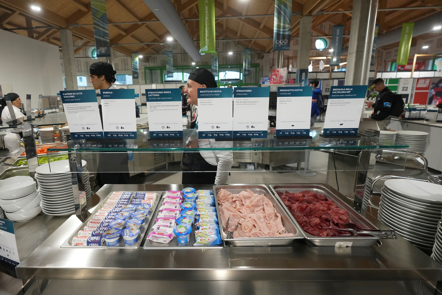 Various breakfast foods are displayed inside the Olympic Village ahead of the 2026 Winter Olympics, in Milan, Italy, on Feb. 3. [AP/YONHAP]