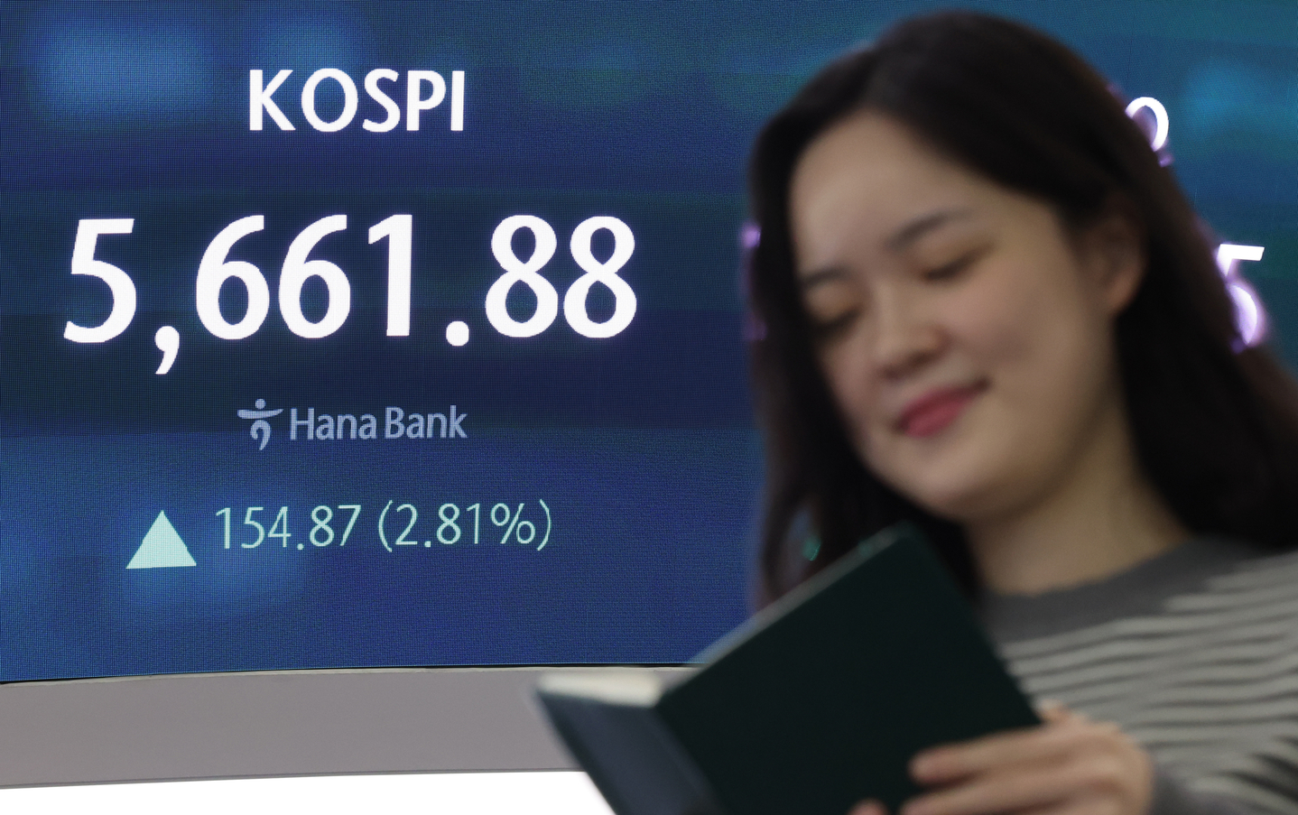 A screen in Hana Bank's trading room in central Seoul shows the Kospi trading in the morning hours on Feb. 19, 2026. [YONHAP]