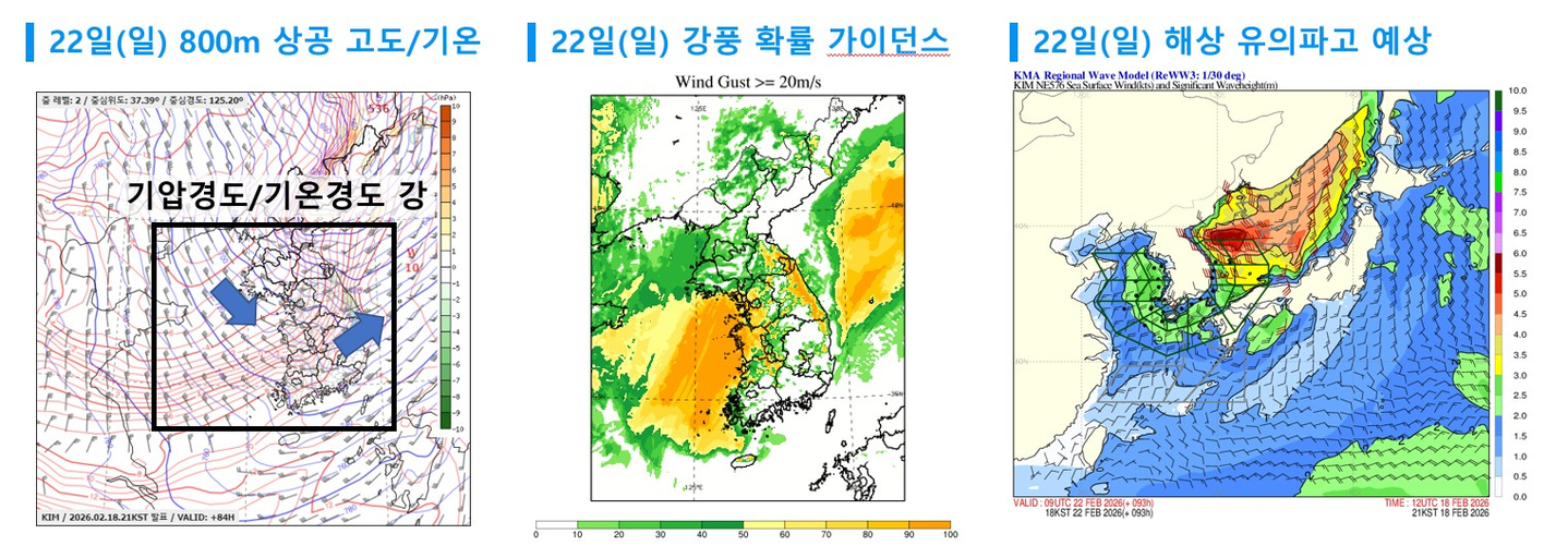 Weather charts show the forecast for 800 meters (2,600 feet) above sea level, wind gust probabilities of 20 meters per second (44.7 miles per hour) or stronger and expected wave heights around the Korean peninsula on Feb. 22. [Korea Meteorological Administration]