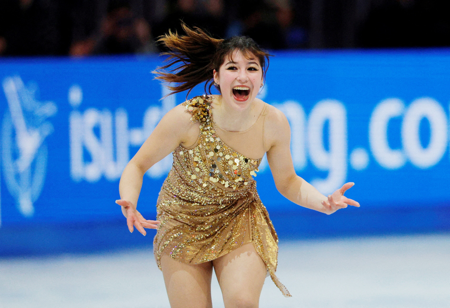 U.S. figure skater Alysa Liu reacts after performing during the women's free skating of the ISU World Championships in Boston on March. 28, 2025. [REUTERS/YONHAP]
