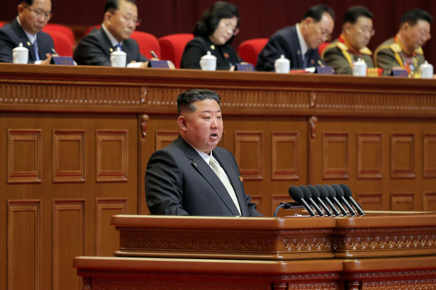 North Korean leader Kim Jong-un speaks during the ninth Workers’ Party Congress in Pyongyang on Feb. 19 in this photo published by the Rodong Sinmun on Feb. 20. [NEWS1]