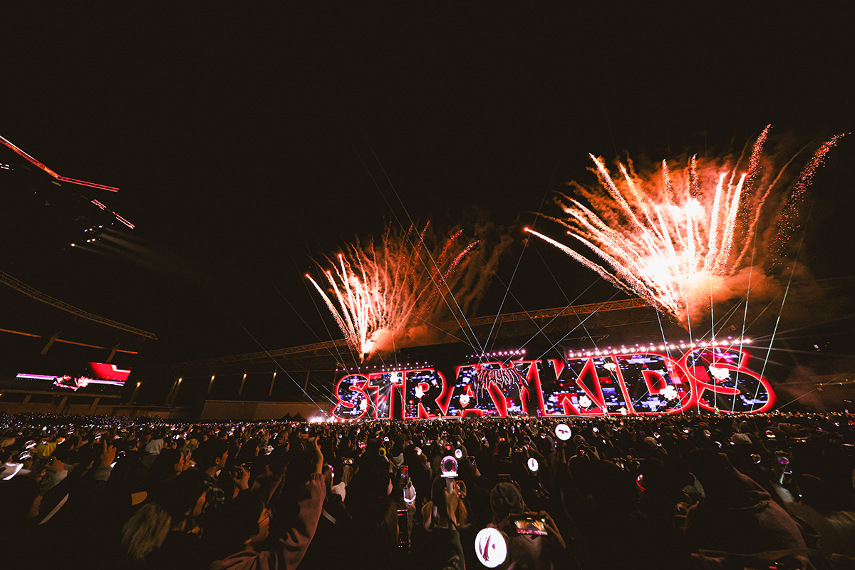 Stray Kids performs during its “dominATE: celebrATE” encore concerts, the finale of its “dominATE” world tour, held on Oct. 18 and 19, 2025, at Incheon Asiad Main Stadium. [JYP ENTERTAINMENT]