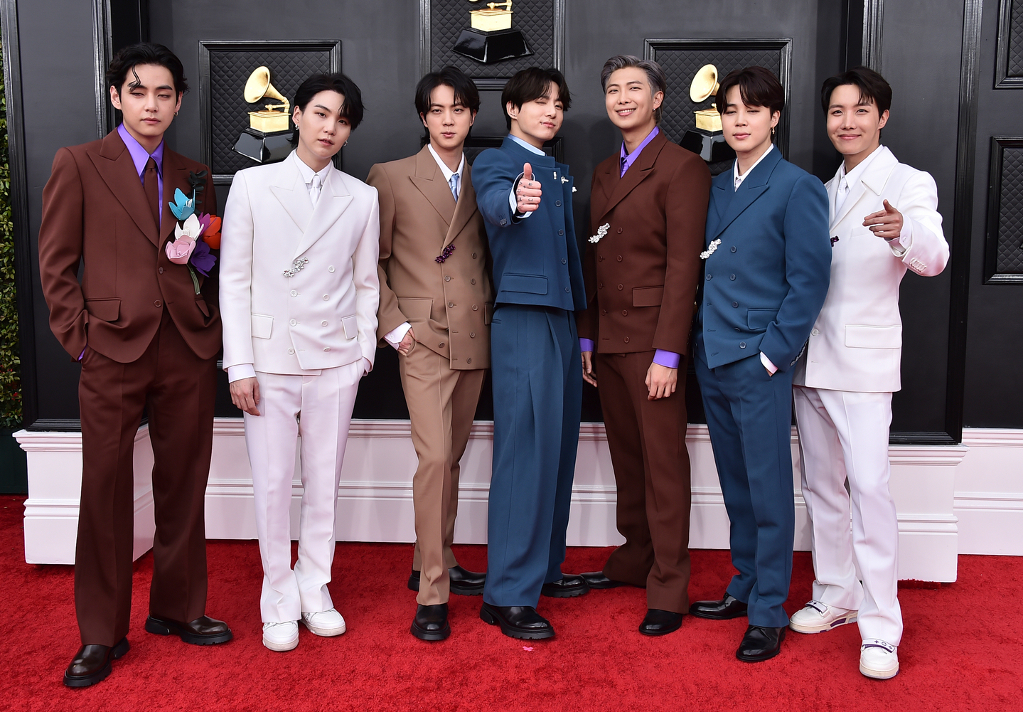 Boy band BTS appears at the 64th Annual Grammy Awards in Las Vegas on April 3, 2022. [AP/YONHAP]