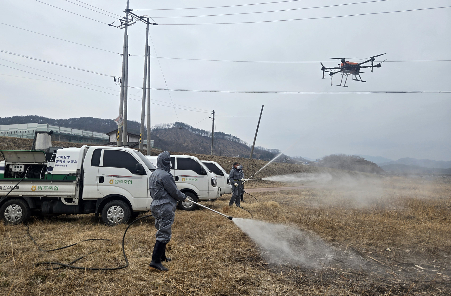 Quarantine officials conduct disinfection to prevent the spread of African swine fever at a field in Wonju, Gangwon, on Feb. 10. [YONHAP] 
