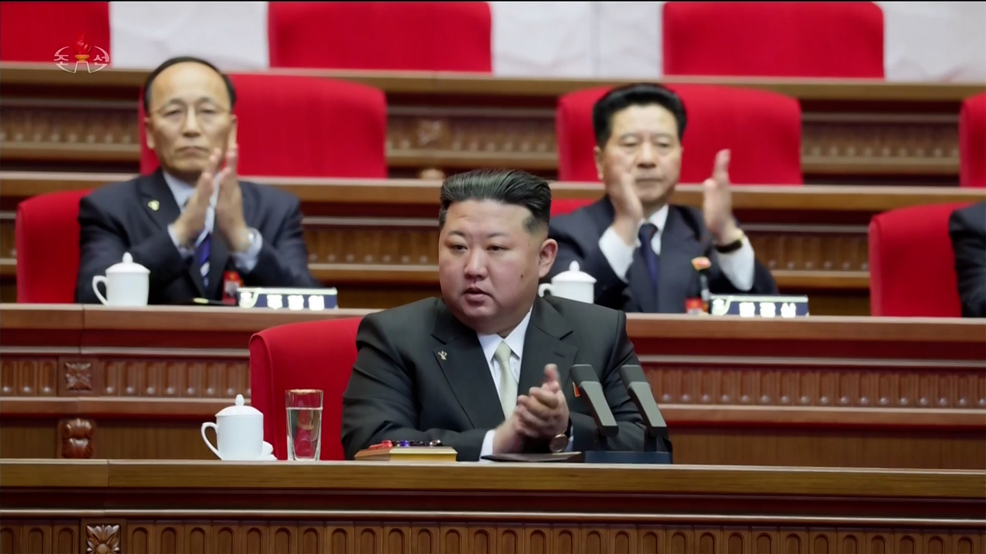 North Korean leader Kim Jong-un, center, is seen attending the Ninth Congress of the Workers' Party of Korea on its first day on Feb. 19, in this image captured from the Korean Central Television. [YONHAP]