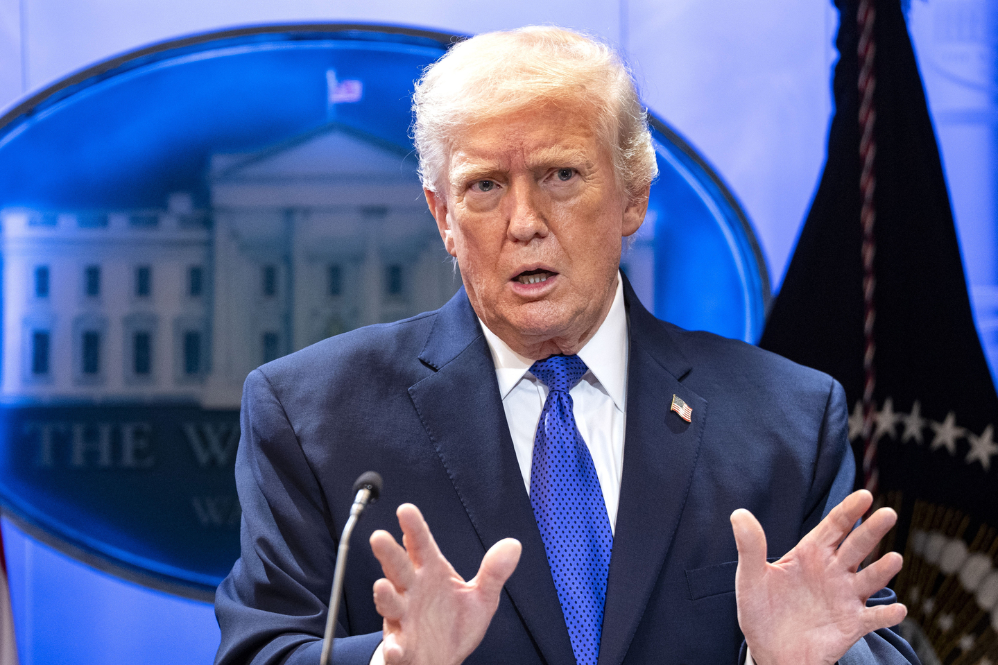 U.S. President Donald Trump addresses a press conference about the Supreme Court's striking down of most of his tariffs in the briefing room at the White House in Washington on Feb. 20. [EPA/YONHAP]