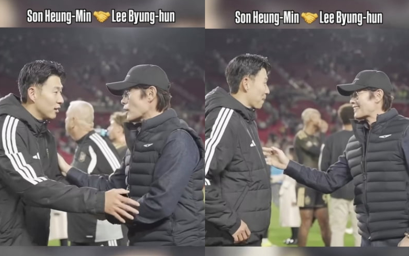 Los Angeles FC forward Son Heung-min greets Korean actor Lee Byung-hun in the opening game of Major League Soccer in Los Angeles Memorial Coliseum on Feb. 21. [MAJOR LEAGUE SOCCER] 