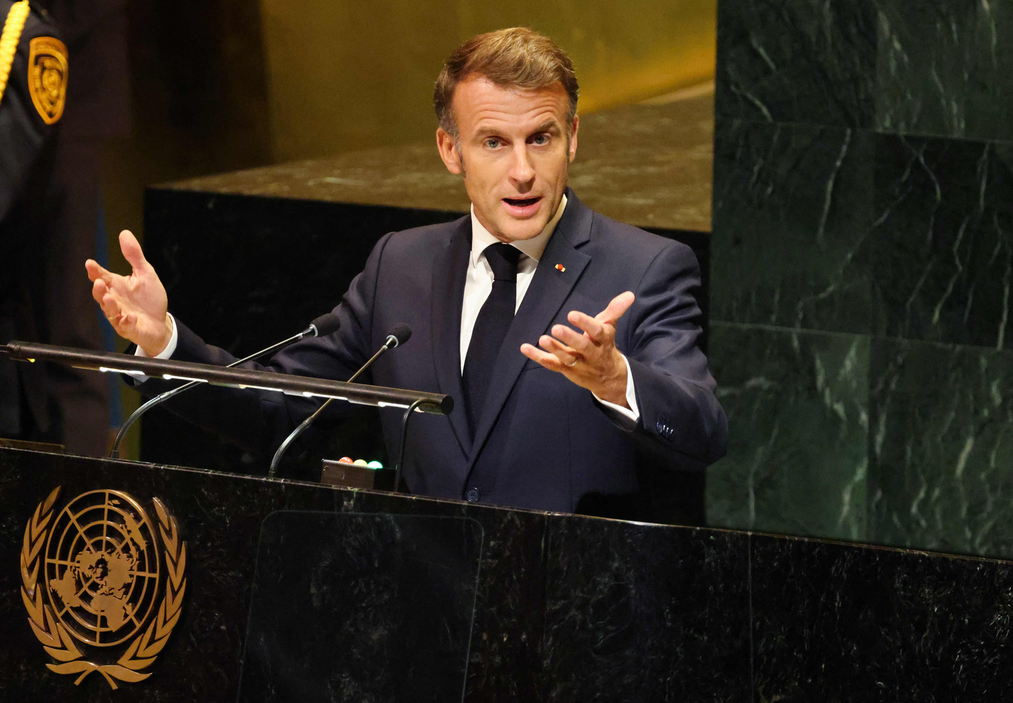 French President Emmanuel Macron addresses the United Nations General Assembly at UN headquarters in New York on Sept. 23, 2025. More than 140 world leaders will descend on New York this week for the annual United Nations General Assembly, which will be dominated by the Palestinian question. [AFP/YONHAP]