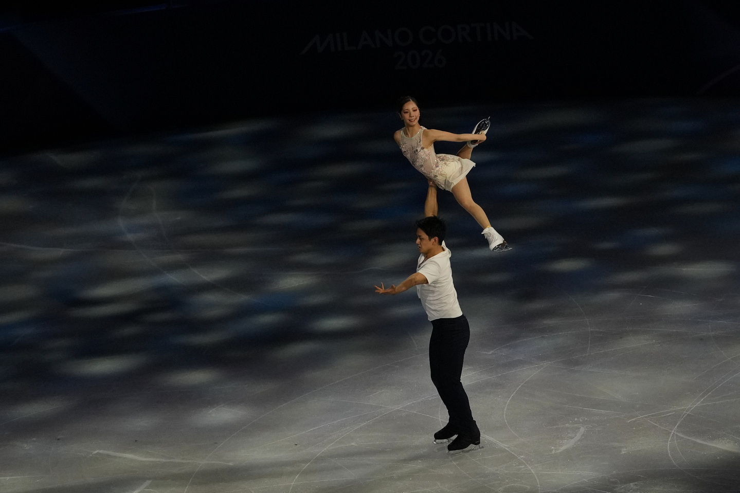 Riku Miura and Ryuichi Kihara of Japan, gold medalists of the pair skating competition, perform during the figure skating exhibition at the 2026 Winter Olympics, in Milan, Italy, on Feb. 21. [AP/YONHAP]