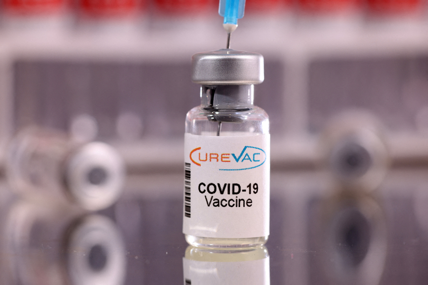 A vial labelled ″CureVac Covid-19 Vaccine″ is seen in this illustration from Jan. 16, 2022. [REUTERS/YONHAP]