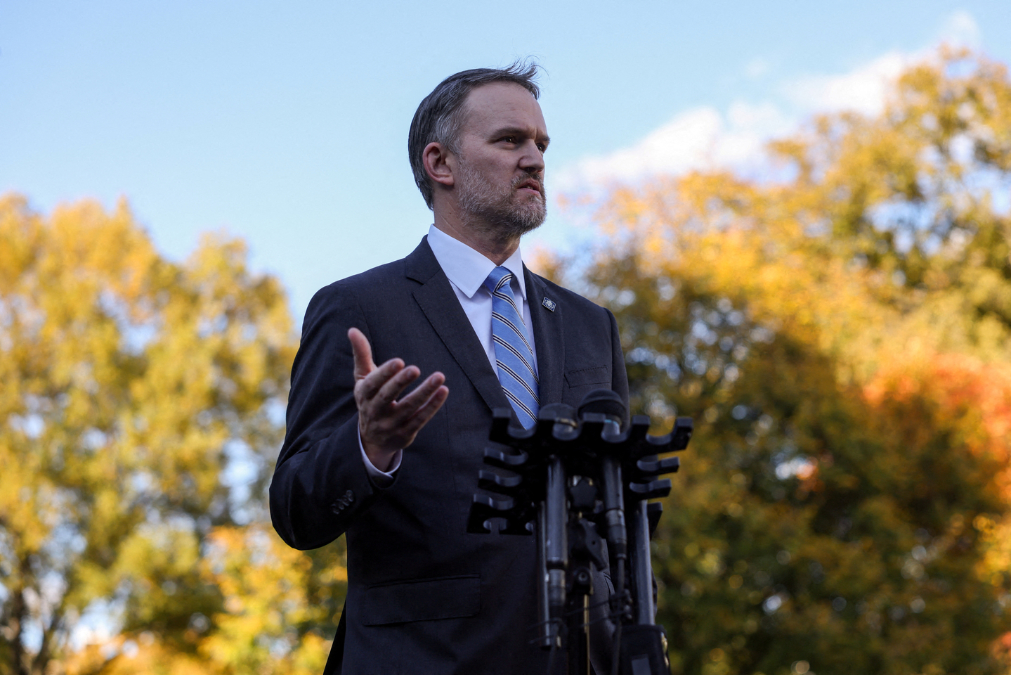 U.S. Trade Representative Jamieson Greer speaks with reporters at the White House in Washington on Oct. 30, 2025. [REUTERS/YONHAP]