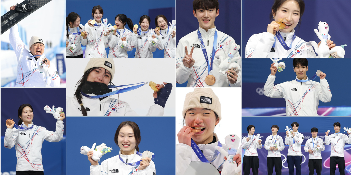 Shown are Korean medalists on the podium during the 2026 Winter Games. The Milan-Cortina Olympics concluded with a closing ceremony on Feb. 23. Korea finished with three gold, four silver and three bronze medals. [YONHAP]