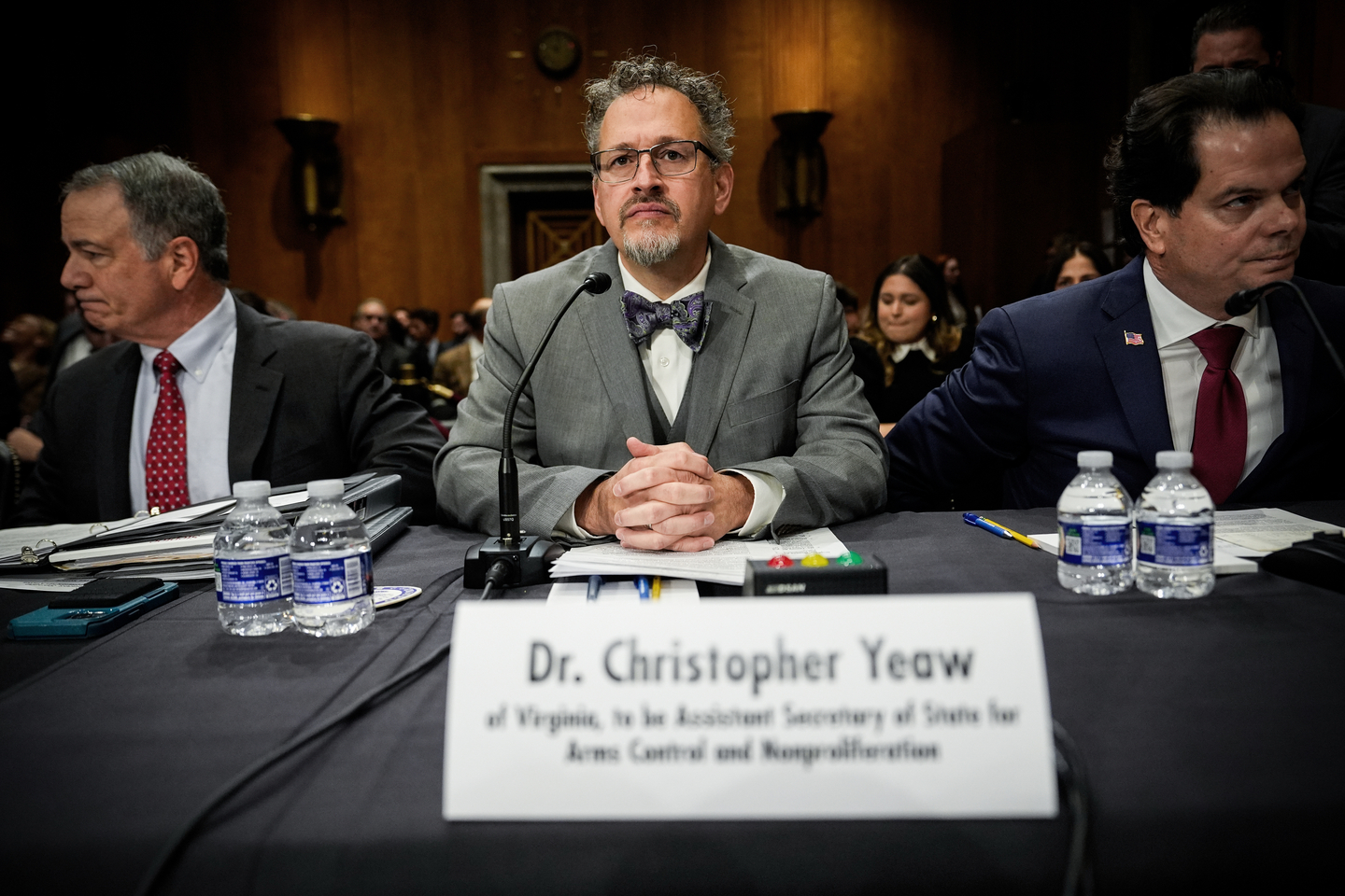 Christopher Yeaw, center, arrives to a Senate Foreign Relations Committee confirmation hearing on his nomination to be an assistant Secretary of State on Nov. 19, 2025, on Capitol Hill in Washington. [AP/YONHAP]