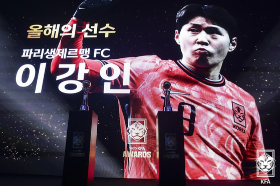 This photo provided by the Korea Football Association (KFA) shows Paris Saint-Germain midfielder Lee Kang-in as the KFA Male Player of the Year for 2025 during the KFA Awards ceremony at the Korea Football Park in Cheonan, South Chungcheong, on Feb. 24. [YONHAP] 