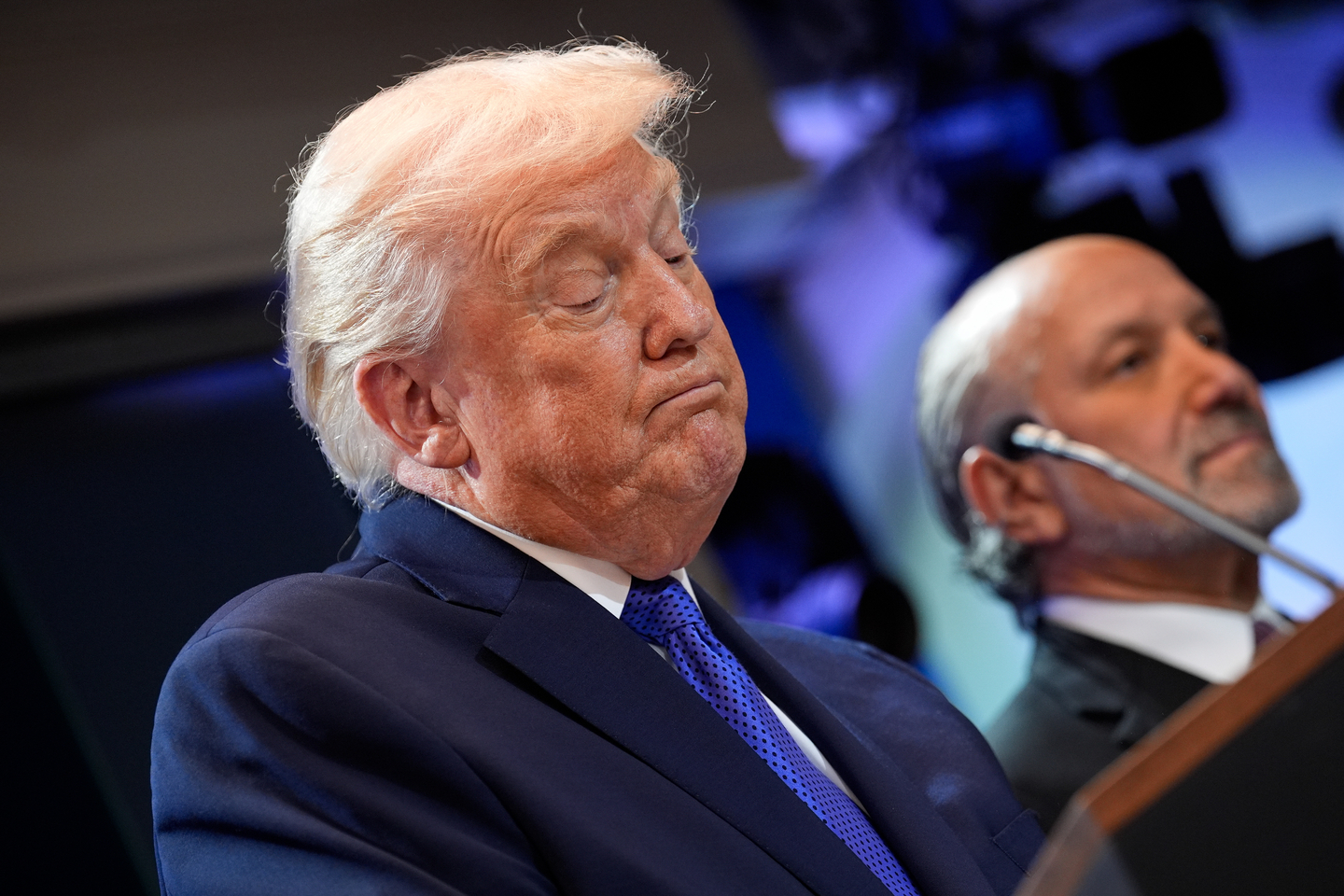 U.S. President Donald Trump, left, alongside Commerce Secretary Howard Lutnick, speaks about the Supreme Court striking down most of his tariffs during a press conference in the briefing room at the White House in Washington on Feb. 20. [EPA/YONHAP] 