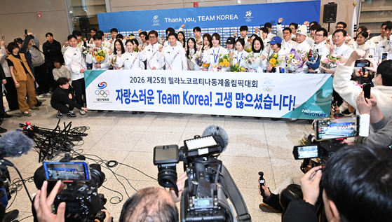 Team Korea returns home through Incheon International Airport on Feb. 24 after competing at the Milan-Cortina 2026 Winter Olympics. [JANG JIN-YOUNG]