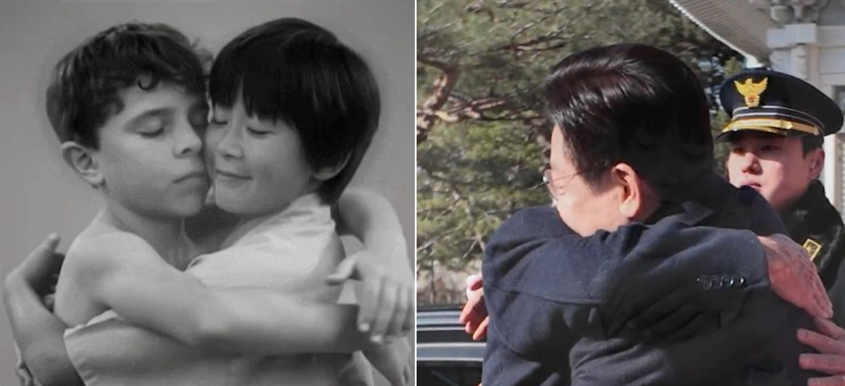 A screen capture from an AI video clip shared on X featuring President Lee Jae Myung and Brazilian President Luiz Inacio Lula da Silva embracing as children, left, and the current two leaders embracing at their summit in Seoul on Feb. 23. Lee wrote on X that the video is a gift to his “brother” Lula. [SCREEN CAPTURE]