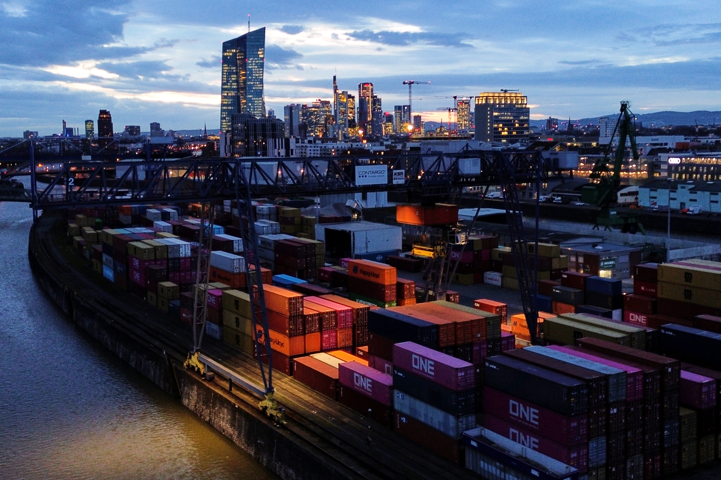 Containers are stored at a cargo terminal in Frankfurt, Germany, on Feb. 23. [AP/YONHAP]