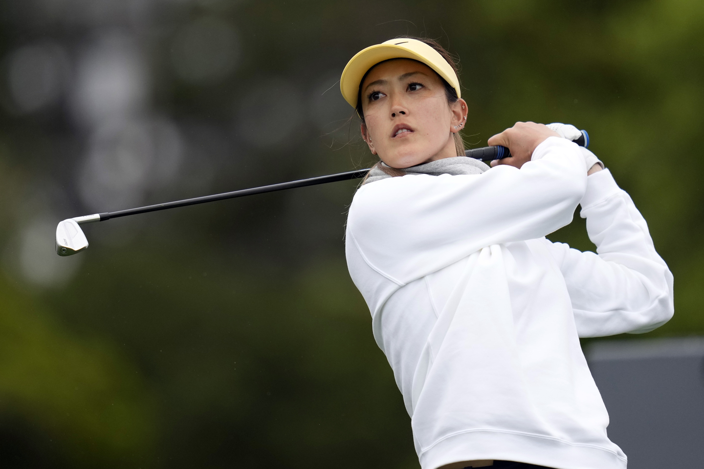 Michelle Wie West hits from the 12th tee during the first round of the U.S. Women's Open at the Pebble Beach Golf Links in Pebble Beach, California, on July 6, 2023. [AP/YONHAP]