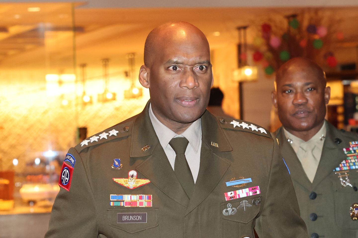 U.S. Forces Korea Commander Gen. Xavier Brunson, left, leaves after a meeting with Foreign Minister Cho Hyun and U.S. Under Secretary of War for Policy Elbridge Colby at the Four Seasons Hotel in Jongno District, central Seoul, on Jan. 26. [YONHAP]