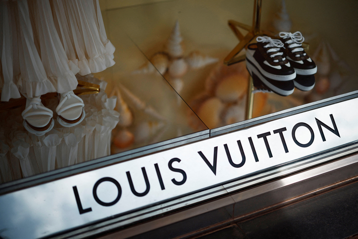 The logo of fashion house Louis Vuitton is seen on a store in Cannes, France, on May 16, 2024. [REUTERS/YONHAP]