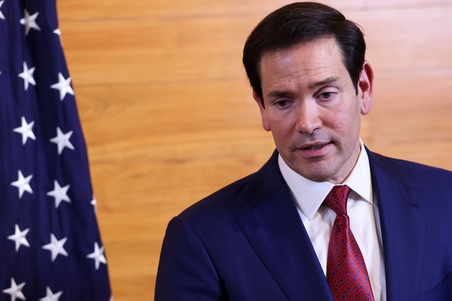 U.S. Secretary of State Marco Rubio speaks to reporters in a departure lounge before returning to Washington following meetings with Caribbean Community leaders, at Robert L. Bradshaw International Airport in Basseterre, Saint Kitts and Nevis on Feb. 25. [AFP/YONHAP]