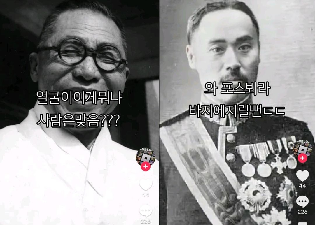 A TikTok post mocks independence activist Kim Koo, left, and praises Japanese collaborator Lee Wan-yong. [SCREEN CAPTURE] 