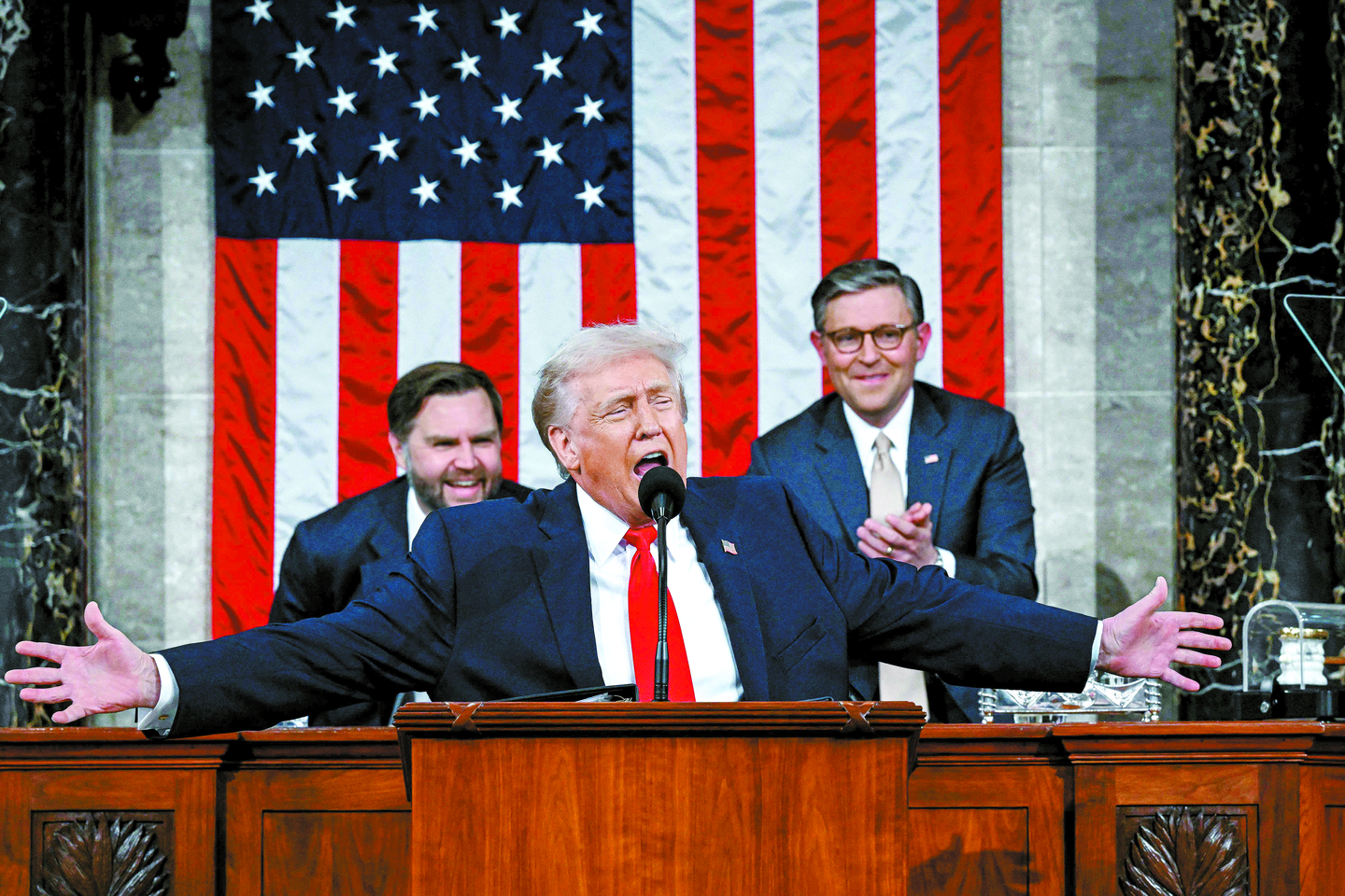 US President Donald Trump delivers the first State of the Union address of his second term to a joint session of Congress in the House Chamber of the United States Capitol in Washington, DC, on February 24, 2026. [AFP/YONHAP]