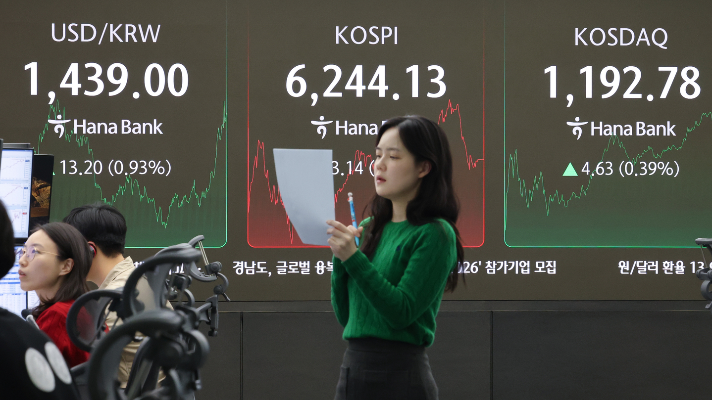 A screen in Hana Bank's trading room in central Seoul shows the Kospi closing at 6,244.13 points on Feb. 27, down 63.14 points, or 1 percent, from the previous trading session. [YONHAP]