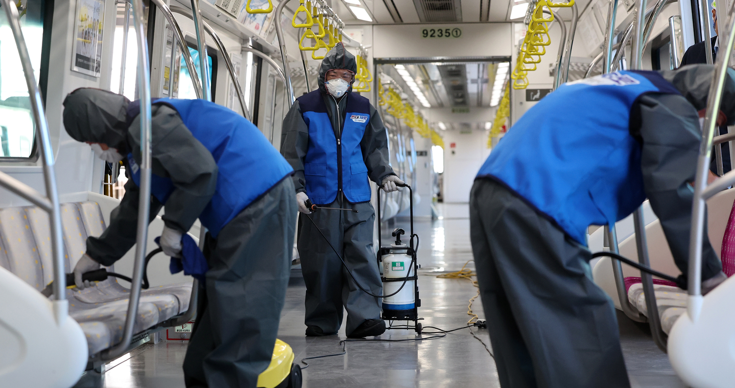 Disinfection workers sanitize a line No. 9 subway car at a depot in Gangseo District, western Seoul, amid concerns over bedbugs, on Nov. 9, 2023. [NEWS1] 